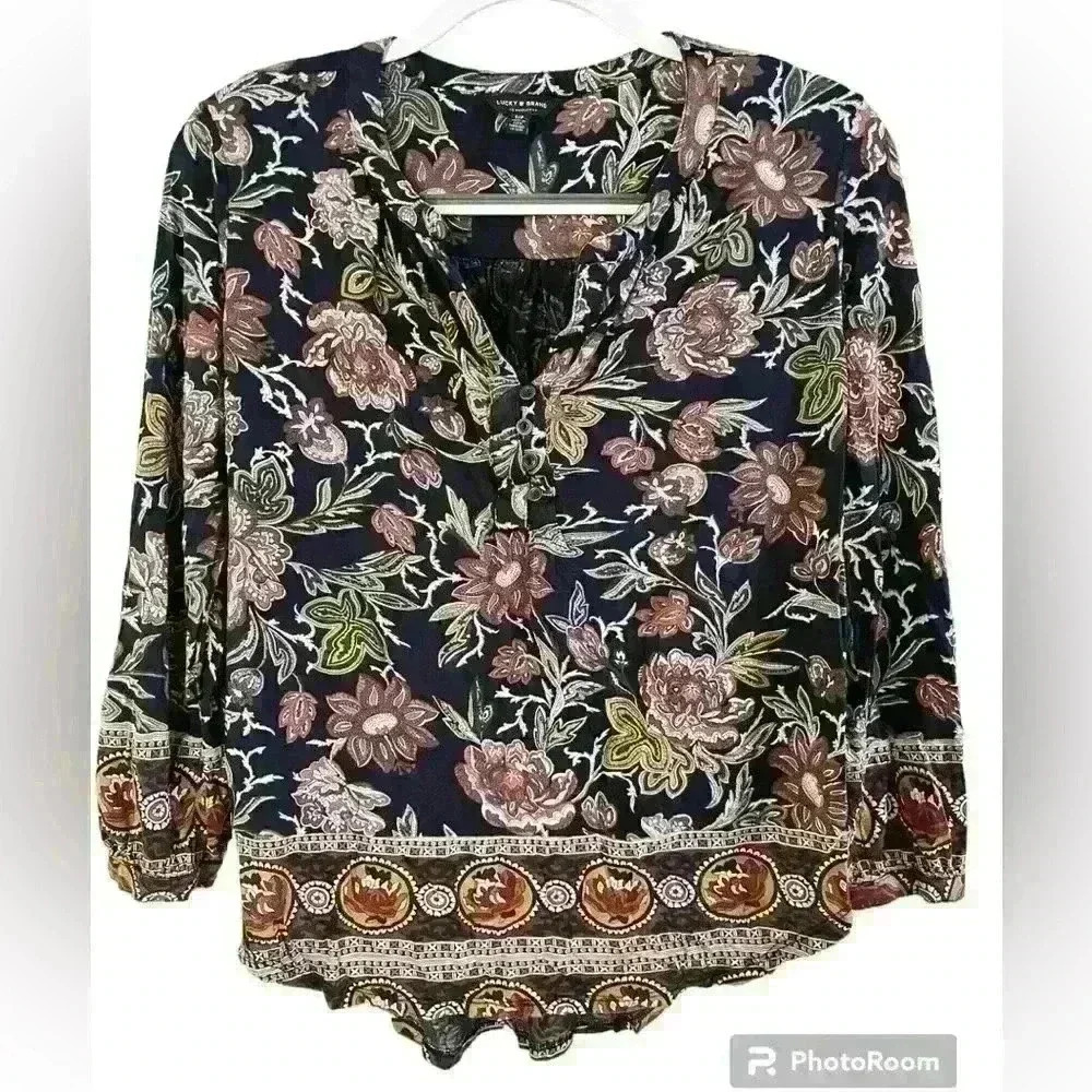 Lucky Brand Peasant Boho Floral Top Blouse V Neck Size Small Black Red
